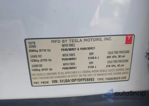 2013 Tesla Model S Performance из США, поврежденный, VIN 5YJSA1DP7DFP28893